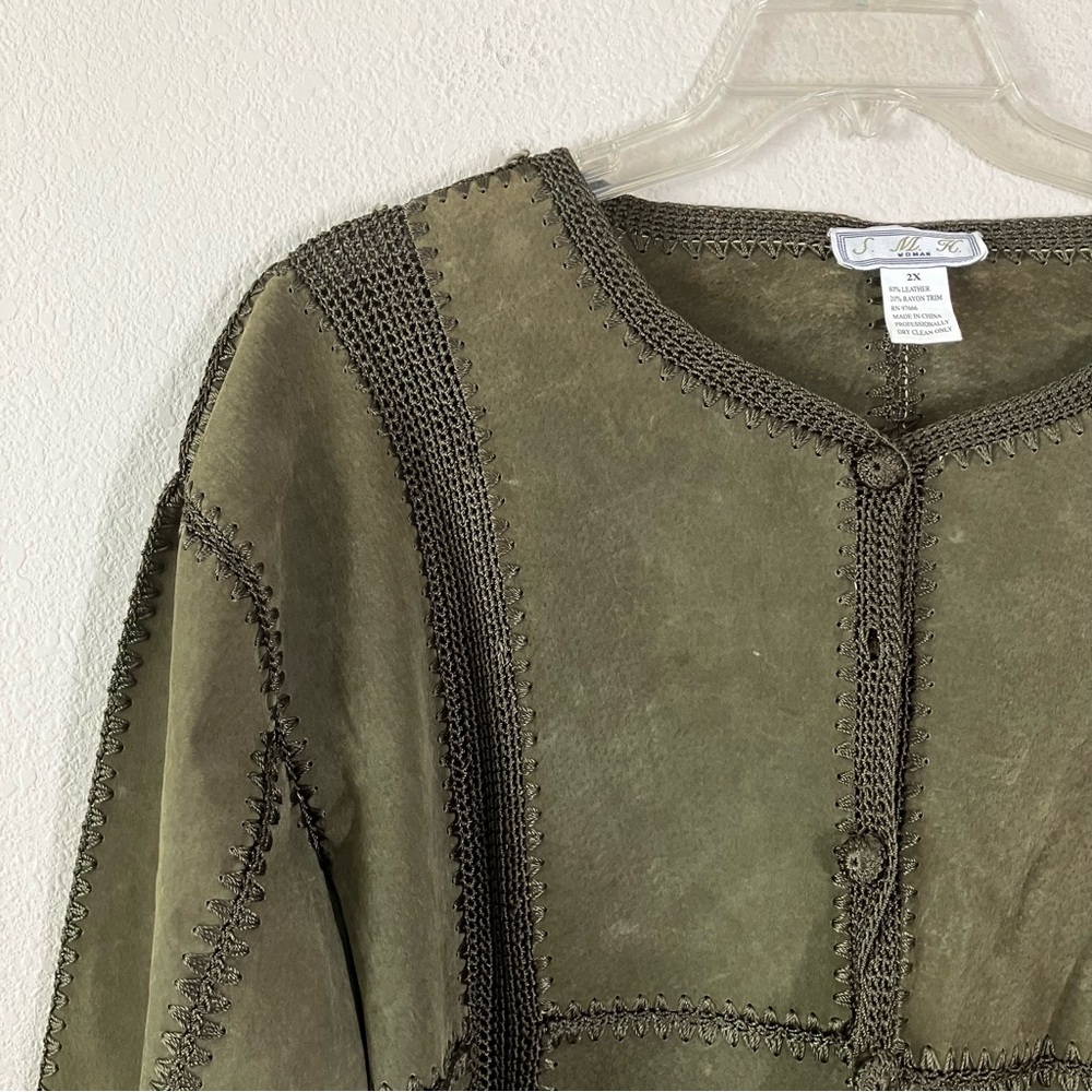 VINTAGE Suede Jacket & Skirt Set Crochet Western Cowgirl Boho Olive Green 2X - Picture 4 of 16